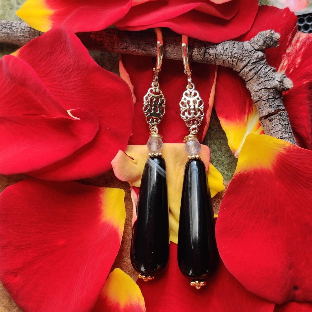 Black onyx, labradorite 14K gold-filled earrings